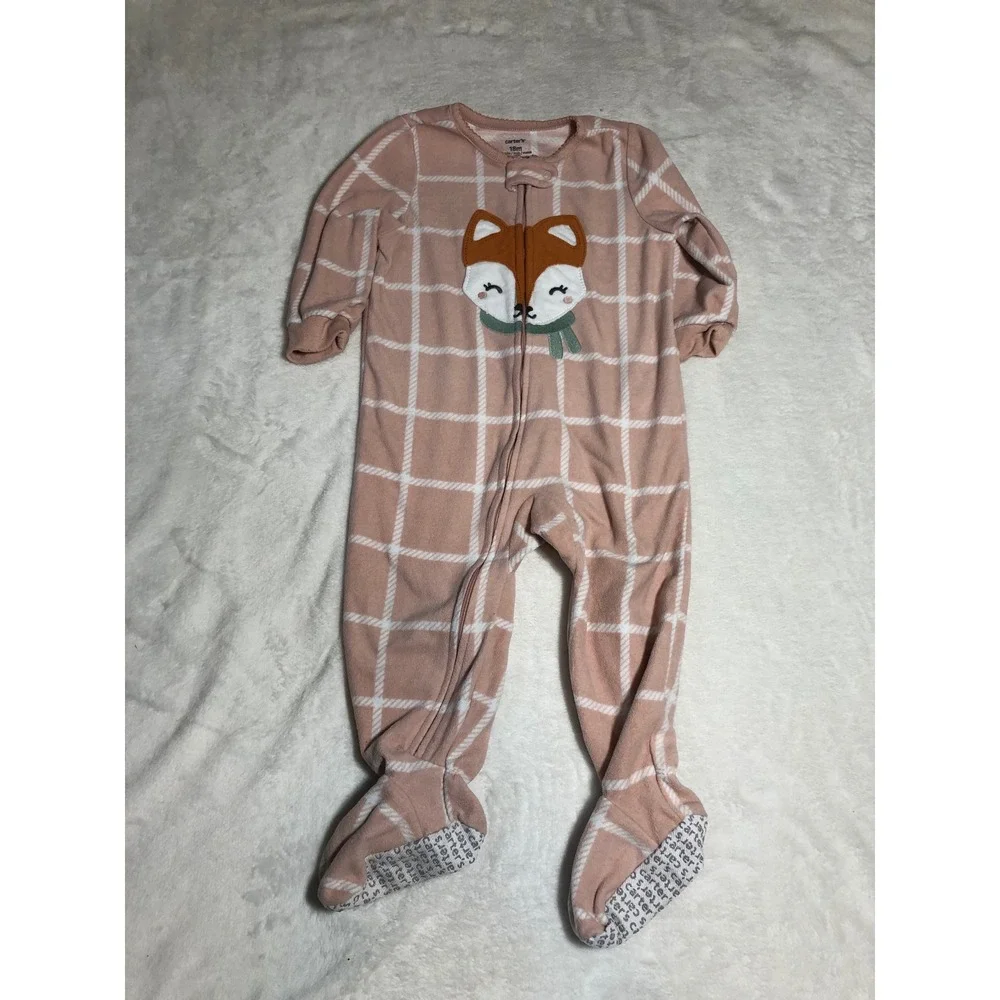 5/$25 Carter's Footed Pajamas Kids 18M Pink Fox Plaid Fleece Zip Up Sleeper